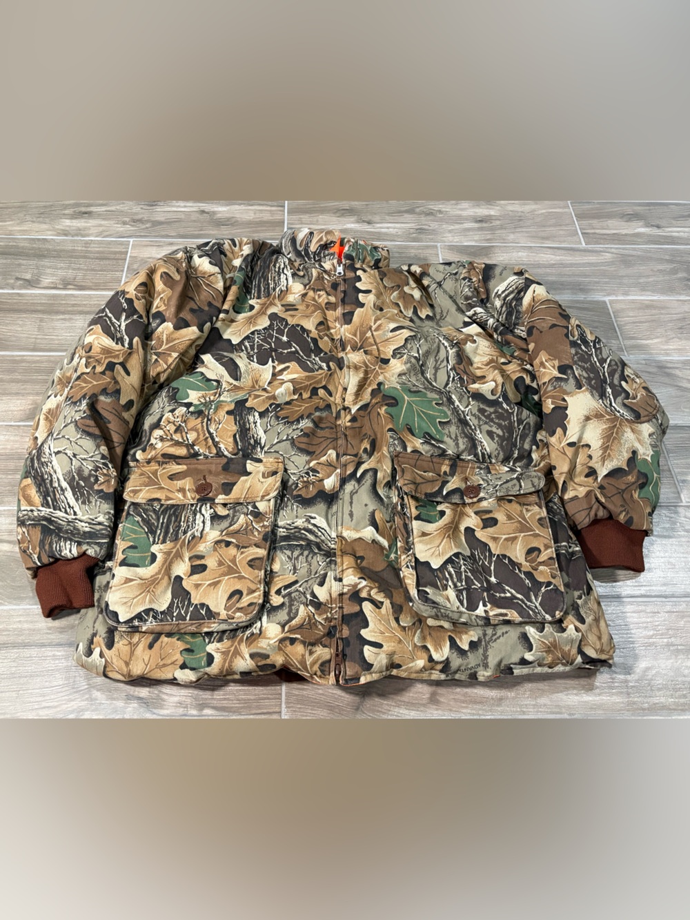 VTG 90s Cabelas Reversible Goose Down Parka Realtree Adv Camo Blaze Orange XL